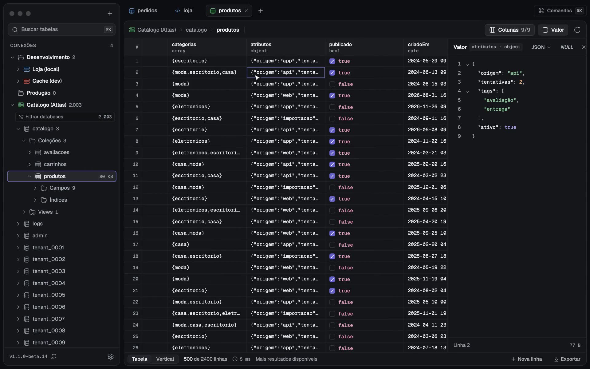 Demonstração do Octapus DB: árvore de conexões, edição na grade, editor SQL, documento do MongoDB em JSON e chaves do Redis